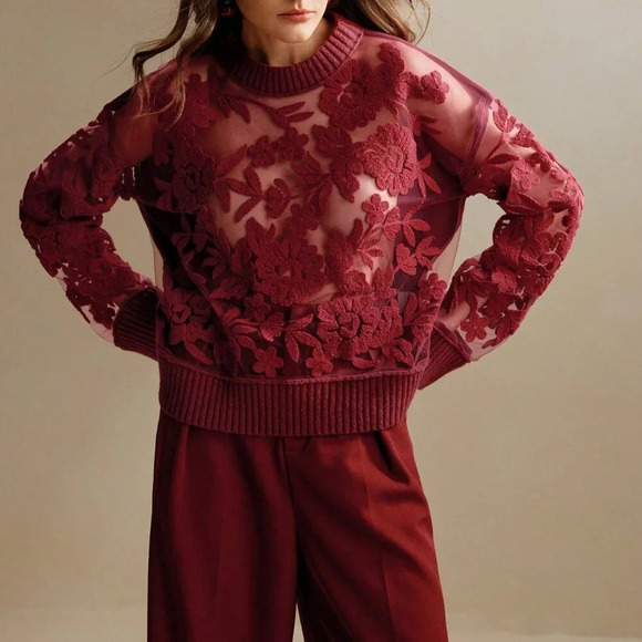 Burgundy Casual Women's Floral Pattern Round Neck Long Sleeve Knit Sweater - Picture 5 of 6